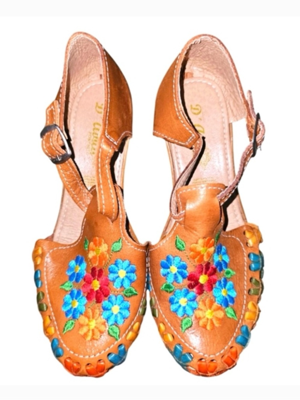 Mexican Tan Leather Floral Wedges